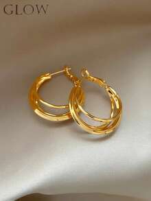 1 par de pendientes de aro y brazaletes para oreja dorados, estilo vintage, de moda, únicos, de nicho, exagerados, versátiles, elegantes, geométricos y multicapa, joyería para oreja, adecuados para chicas adolescentes, uso diario, vacaciones y fiestas - círculos geométricos - Ver 3