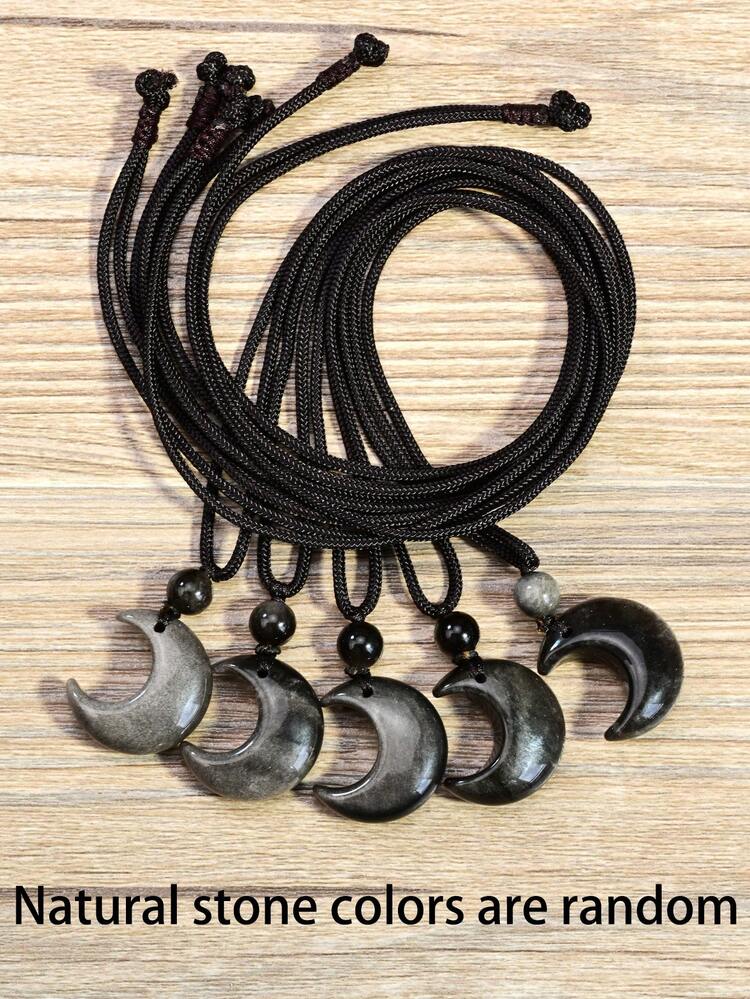 Yumfeel 1pc Natural Silver Obsidian Pendant Necklace, Handmade Woven Moon Long Necklace, Holiday Party Gift Healing Crystal - Silver Obsidian - View 4