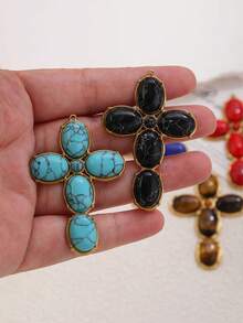 1 Pc 304 Stainless Steel 18K Gold Plated Natural Stone Cross Charm Multi Color Boho Cross Pendant DIY Necklace Jewelry Making Supplies - Cross - View 5