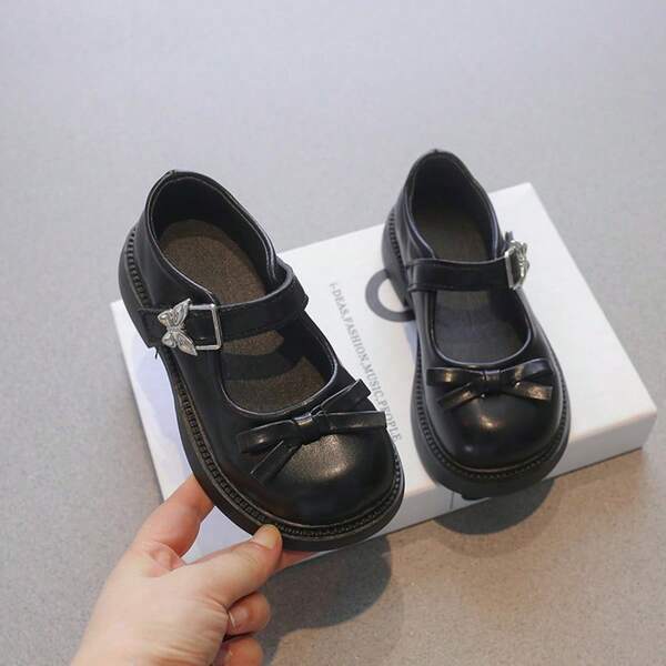 1 Pair New Korean Style Princess Shoes, Magic Tape Design Easy To Put On And Take Off, Suitable For Daily Casual, School, Performance, Shiny Bowknot, Versatile Kids Shoes