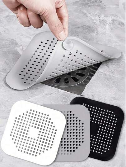 1/3pcs Silicone Hair Catcher With Suction Cup, Square Drain Cover, Suitable For Shower, Sink, Floor Drain, Hair Filtration, Applicable For Bathroom, Bathtub, Kitchen, Bathroom Decor, Back To School Season