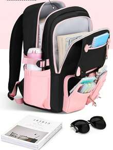 1pc Two-Tone Black-Pink Backpack With Bow Decoration, Waterproof And Ergonomic With Large Storage Capacity - Pink - View 4