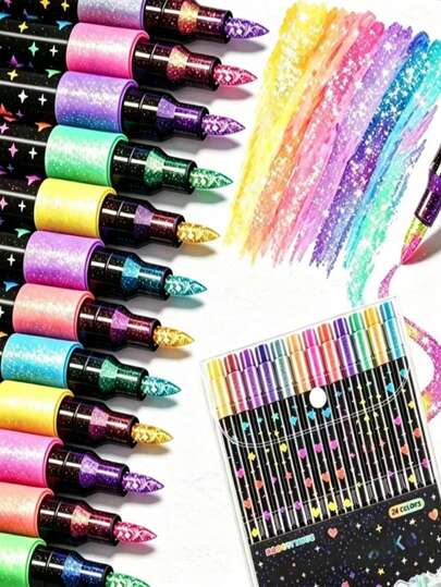 48 Colores Marcadores de Punta Doble con Tinta de Secado Rápido - Punta Fina, Marcadores de Brillo Coloridos, Adecuados para Scrapbooking, Creación de Tarjetas, Diario, 24 Colores/48 Colores Marcadores de Acuarela de Punta Doble - Juego de Marcadores de Brillo, Suministros de Aula, Papelería Estudiantil, Suministros Escolares, Artistas y Suministros, Adecuados para Marcar, Diario, Navidad, Halloween