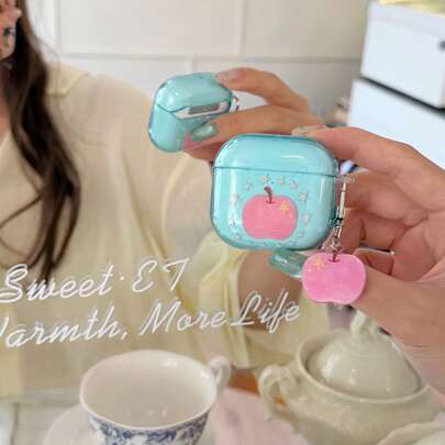 Fashion Creative Transparent Blue & Pink Apple + Pendant Earphone Case Compatible With AirPods Pro 3 New Pro 2 Protective Cover Pro Cute Apple 4 Minimalist 3 Personalized 1/2 Generation Women's Earphone Case Protective Cover Spring/Summer Earphone Case/Birthday Gift/Holiday Gift