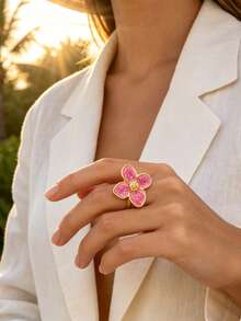 1 buah Cincin Tunggal Wanita Elegan Bergaya Stainless Steel dengan Motif Daun Semanggi, Cocok untuk Kencan/Liburan - Yellow Gold - View 4