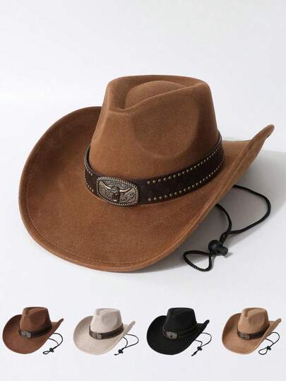 Sombrero vaquero occidental de ante unisex, sombrero de ala ancha con insignia metálica de cabeza de toro vintage y cordón para el viento, sombrero casual multicolor para festivales, viajes y actividades al aire libre