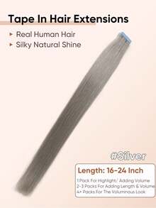 Jessie's Wig 20pcs 50g Tape In Hair Extension, 100% Real Remy Human Hair Extension For Salon Silky Seamless Invisible Skin Weft Tape Ins, Silver Grey Color, For Thinning Hair Woman Natural Look Can Be Reused ,Add Volume Halloween Costumes - SSilver - View 3