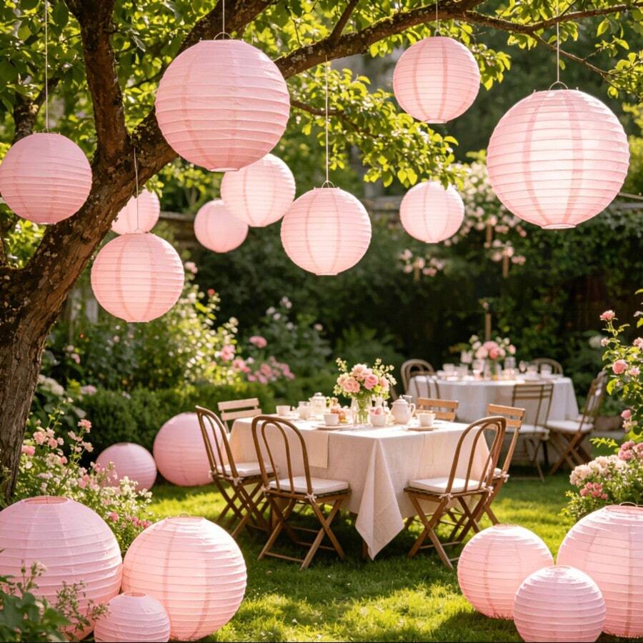 Elegant Pink Paper Lantern Set, Includes 9 Lanterns + 9 Lantern Stands - Round Handmade Folding Decorations, Suitable For Weddings, Birthdays, Anniversaries And Holiday Celebrations - As Shown - View 1