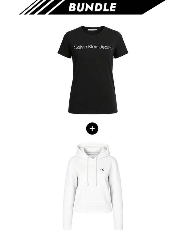 Calvin Klein [Bundle] Jeans Core Women's T-Shirts Black + IB0 Embroidery Women's Hoodie White