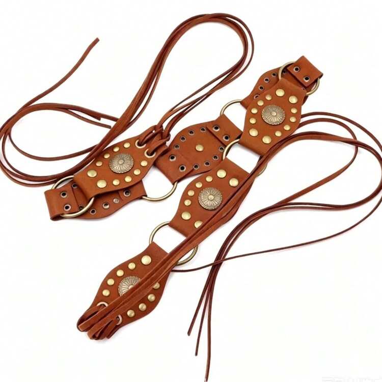 Vintage Western Rivet Belt, Bohemian Leather Belt For Skirts & Pants, Brown - Brown - View 3