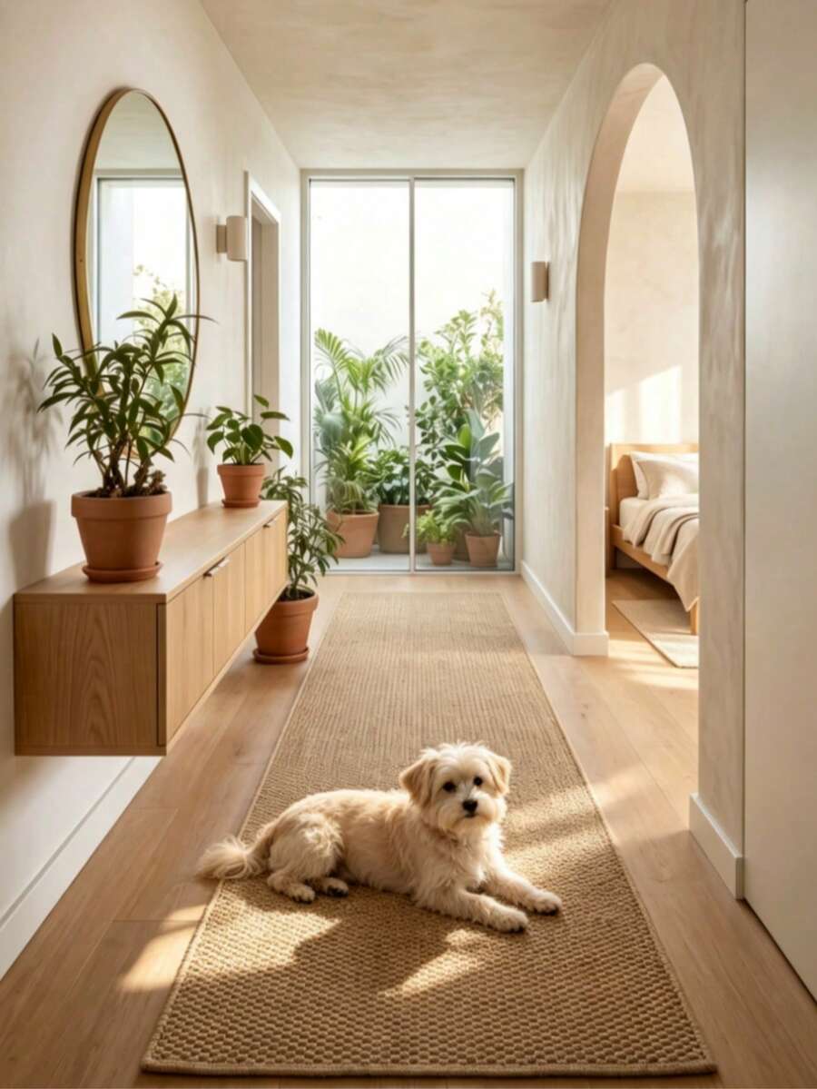 1pc Jute Woven Artistic Long Rug, Personalized Aesthetic Decor Carpet, Hallway Entryway Long Rug, Ins Style Space Ambiance Mat, Modern Minimalist Wooden Accent, Small Rug, Doormat, Home Decor, Area Small Rug, Corridor Long Mat, Bedside Rug, Bedroom Carpet, Washable Rug - Multicolor - View 1