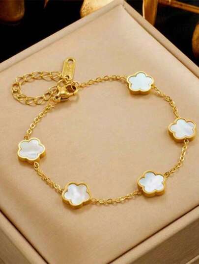 1 pieza Pulsera de cadena con decoración de flor de acero inoxidable de moda para mujeres para la vida diaria y el Día de San Valentín