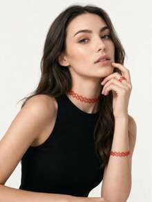 6Pcs Tattoo Choker Set Stretchy 90s Necklace Bracelet And Rings For Women - Multicolor - View 2