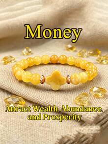1pc Natural Yellow Jade Four-Leaf Clover Stretch Bracelet, Symbol Of Luck, Prosperity, Wealth, Bohemia Cross Fashion Jewelry Unisex Gift For Women Men - Yellow - View 8