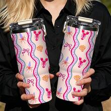 1/5pcs 30oz Vacuum Insulated Travel Mug With Gift Box, Light Pink Wavy Lobster Shell & Bow Print, Foldable Portable Handle, Double Flip Leak-Proof Lid, Double Wall Mug, Kids Outdoor Use, Playful Cartoon Marine Life Gift - Marine Life - View 6