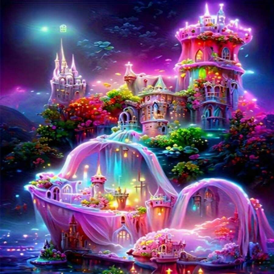 5D DIY 鑽石畫套件－迷人城堡場景配瀑布與花卉，圓形水晶鑽，牆面裝飾，馬賽克鑽石藝術手工