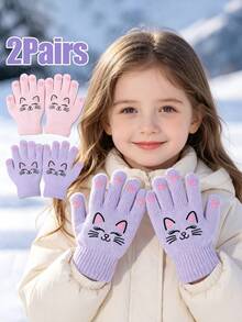 2 Pairs Kids Cute Cartoon Cat Print Knitted Full Finger Gloves, Soft Warm Winter Gloves, Elastic Ribbed Cuff Hand Protection, Suitable For Girls Outdoor Daily Wear - 2Pairs - View 2