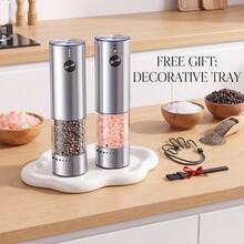Free Tray [Stainless Steel Grinder] 2pcs/1pc Rechargeable Electric Salt And Pepper Grinder Set, Premium Stainless Steel Automatic Pepper Salt Mill Grinder Set With LED Light, 3.2oz Larger Capacity, 6 Adjustable Coarseness - قطعتين - مشاهدة 1