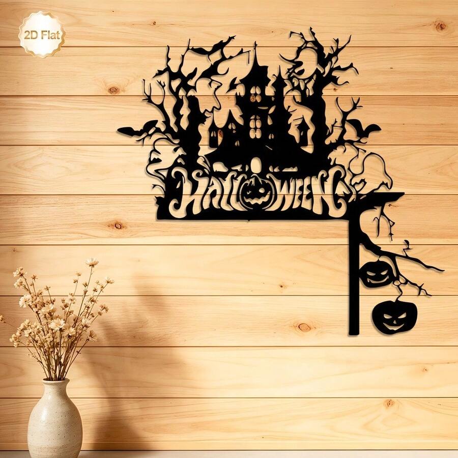 2D Flat, 1pc, Wall Sculpture, Suitable For Halloween Haunted House Pumpkin Ghost Bat Metal Wall Art Decoration, Indoor/Outdoor, Wall Decor, Perfect For Living Room Bedroom, Home Decor, Fireplace Porch, Halloween Gift, Iron Craft - Black - View 1