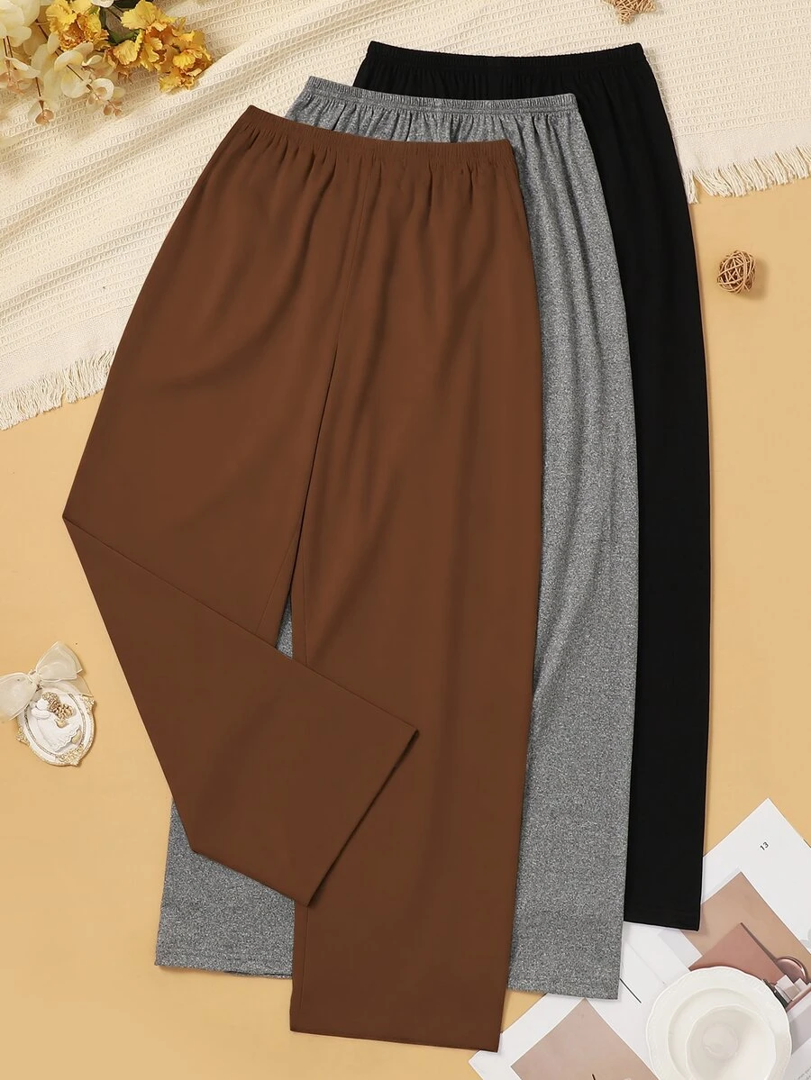 3pcs Women Plus Size Pajama Pants, Solid Color Straight Leg Lounge Pants, Suitable For All Seasons - Multicolor - View 1