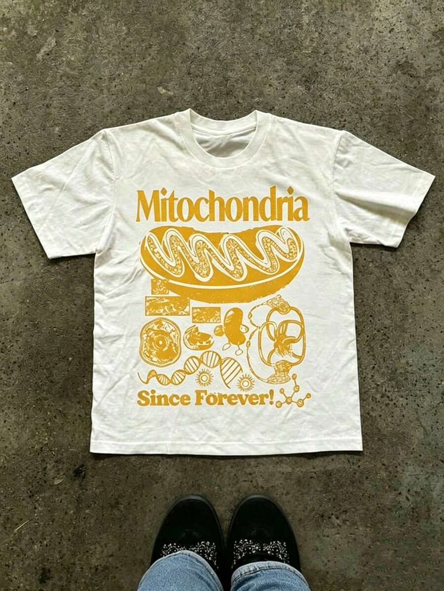 Women's Festival Tee: Mitochondria Graphic & Cell DNA Illustration, Blue Text, White Unisex Science Summer T-Shirt - 白色5 - 查看 1
