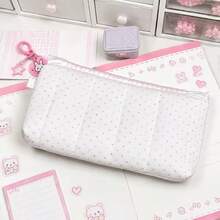 1pc Pink Plaid Lace Storage Bag, Compact Multi-Functional Organizer Bag, Exquisite Lace Trim With Heart Decoration, Suitable For Storing Coins, Cards, Notes, Pens And Cosmetics, Soft Fabric, Perfect For School, Office Organization, Travel, School Supplies - Plaid Lace - View 3