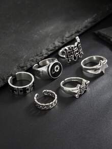 Set de 6 anillos de metal estilo punk de moda con diseño geométrico, anillos de estrella y cruz para uso diario casual de hombres - Plata antigua - Ver 4