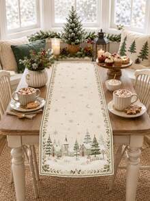 1pc Cream Winter Village Christmas Table Runner, Vintage Linen Rectangular Snow House Pine Tree Snowflake Star Moon Holly Berry Print Tablecloth, Suitable For Dining Table, Kitchen, Buffet, Christmas Dinner, Holiday Party And Winter Home Decor - Multicolor - View 6