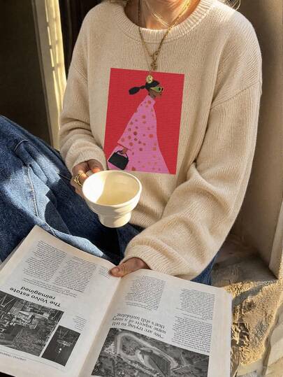 Plus Size Women's Autumn Vacation Stylish Women Illustrationsn Graphic Crew Neck Long Sleeves Casual Women's Apricot Faux Sweater Sweatshirt