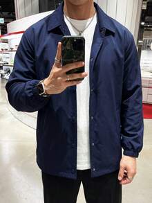 1pc Men's Navy Blue Lapel Jacket, Smooth Lightweight Woven Fabric, Draping And Non-Deforming, Machine Washable, Suitable For Campus, Commute, Daily Casual, Couple Matching, Basic Lapel Outerwear - Navy Blue - View 4