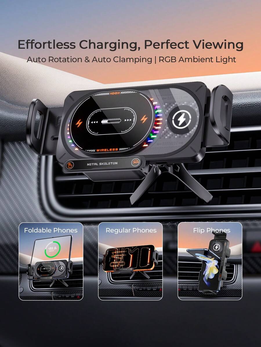 REMAX 15W Wireless Car Charger Phone Mount With Auto-Clamping & Auto Rotation, Fits Foldable & Regular Phones, Adjustable Charging Coil, Built-In 150mAh Battery, RGB Ambient Light, Stable Triangle Hook Design, Car Accessories, Car Essentials, Car Stuff
