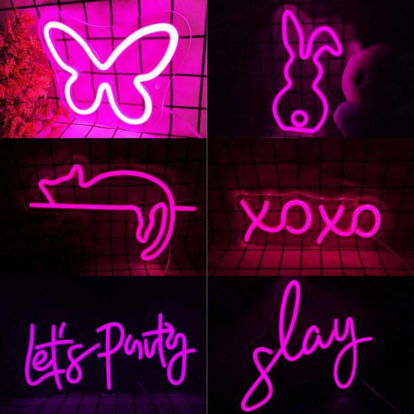 6 đèn neon màu đỏ hồng hình bướm, mèo con, thỏ, chữ XOXO, dùng nguồn USB, biển phát sáng không cần pin, dễ lắp đặt, phù hợp trang trí không khí tường phòng ngủ bé gái, tiệm hoa, tiệm nail, tiệc cưới, cung cấp trực tiếp từ xưởng, có thể tùy chỉnh, điện áp thấp, phụ kiện dán kính, đế không dễ vỡ, không quá nhiệt