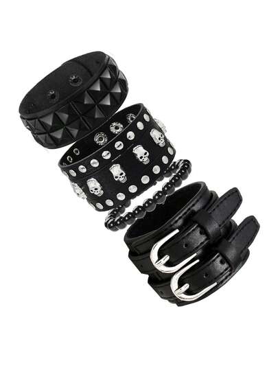Yanxyad 3/4Pcs Punk Gothic Black PU Leather Bracelet Set, Skull Rivet Pyramid Stud Beaded Wristbands, Adjustable Buckle Rock Y2K Halloween Jewelry Unisex