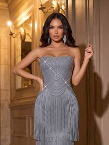 Vestido de noche elegante para mujer, sexy, con hombros descubiertos, espalda descubierta, de lujo, con flecos de strass, largo, tipo vendaje, para boda de otoño - Gris - Ver 10
