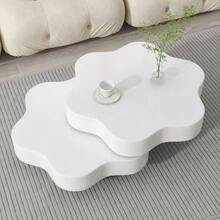 N625P300082083W) Flower-Shaped Coffee Table, 360° Rotating Tabletop, Rotating Living Room Table, Two-Tier Sofa Table, 2 Storage Surfaces, Recommended Total Load Capacity 30 Kg, MDF, Cream White - White - View 5