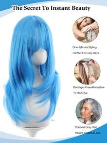 Sky Blue 24 Inch Heat Resistant Synthetic Long Curly Layered Wig With Bangs Women Daily Halloween Party Cosplay Fashion Wig - Multicolor - View 5