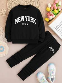Tween Girl Letter Print Long Sleeve Sweatshirt And Leggings Set - Black - View 1