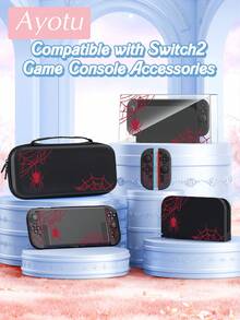 Ayotu 相容 2025 新款 Switch2 紅色網格與蜘蛛圖案遊戲主機外殼及配件，適用於 Switch2 7.9 吋保護殼。套裝包含保護殼、收納袋、底座外殼、主機防塵罩、遊戲卡收納盒、Joy-Con 控制器保護套及多款配件可供選擇，適合返校禮物、生日禮物與遊戲愛好者 - 查看 2