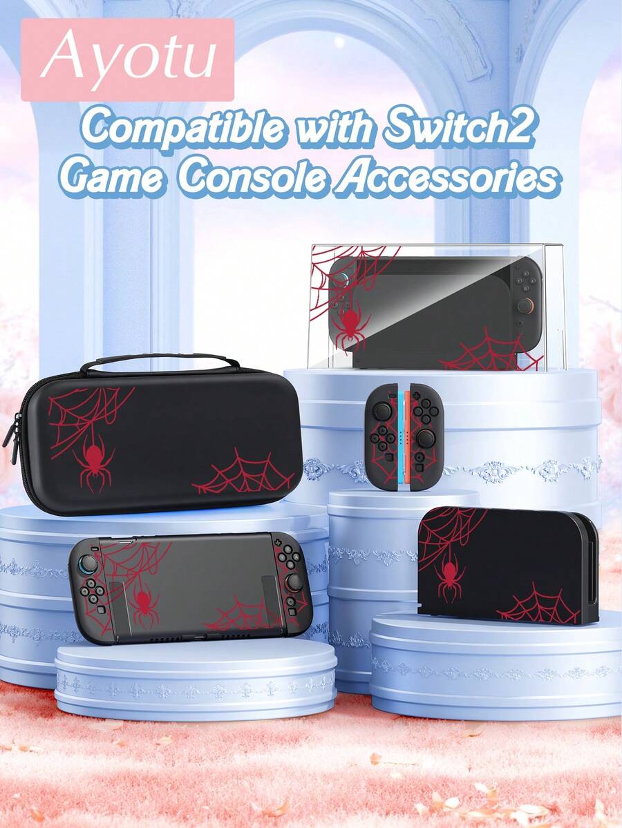 Ayotu 相容 2025 新款 Switch2 紅色網格與蜘蛛圖案遊戲主機外殼及配件，適用於 Switch2 7.9 吋保護殼。套裝包含保護殼、收納袋、底座外殼、主機防塵罩、遊戲卡收納盒、Joy-Con 控制器保護套及多款配件可供選擇，適合返校禮物、生日禮物與遊戲愛好者