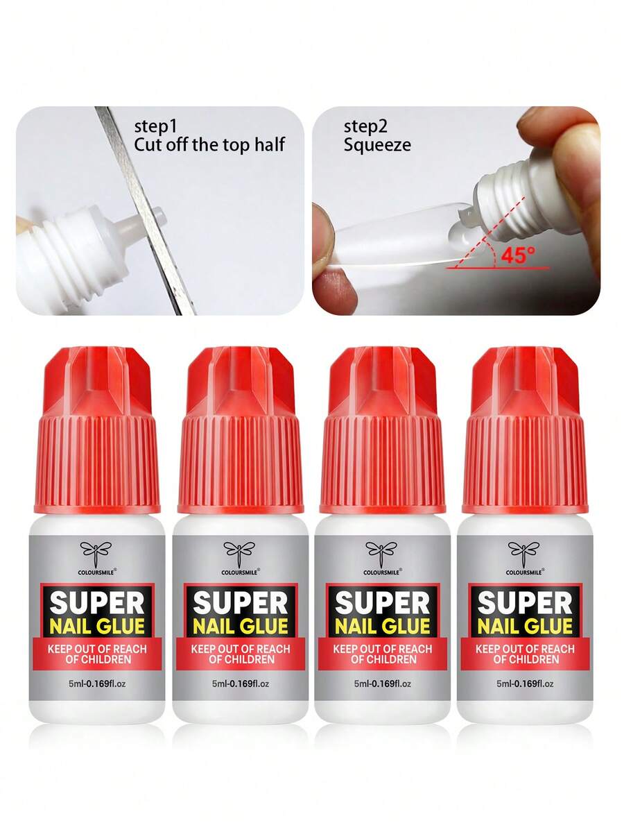 COLOURSMILE 4 Botol Lem Kuku Super Kuat Kualitas Salon Profesional, Perekat Cair Kuku Cepat dan Kuat, Perlu Memotong Setengah Ujungnya