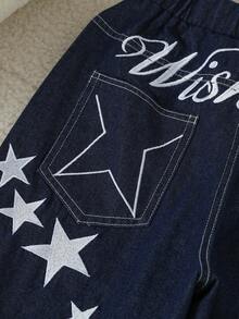 Tween Girl Blue Denim Jeans Fashion Casual Street Style Letter & Star Embroidered Loose Wide Leg Pants - Blue - View 7