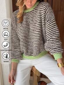 Women's Vintage Colorblock Striped Knit Sweater With Dropped Shoulders And Puff Sleeves, Winter Top For Casual, Commuting, Dating And Vacation Fall - Green - View 1