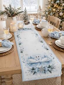 1pc Blue White Winter Swan Table Runner, Elegant Linen Rectangular Snowflake Holly Ribbon Lake Swan Printed Tablecloth Cover For Dining Table, Kitchen, Buffet, Christmas Dinner, Holiday Party And Winter Home Decor - Multicolor - View 4