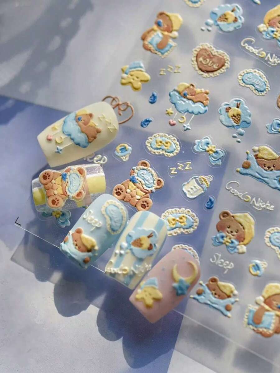 1套牛奶藍睡覺熊5D浮雕美甲貼,柔軟可愛睡覺熊搭配雲朵、奶瓶、星星月亮、蝴蝶結與Goodnight英文,馬卡龍淡色系溫柔療癒,3D浮雕紋理輕盈且貼合,強黏性防水不易脫落,適合初學者DIY,適用日常、甜美女孩與可愛美甲,多款小卡通圖案可自由搭配打造軟妹風美甲 - 彩色 - 查看 1