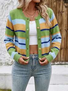 Cardigan Kancing Depan Bergaris Warna-warni Bergaya Prancis yang Elegan dan Intelektual untuk Wanita, Cocok untuk Pemakaian Sehari-hari, Kencan, dan Lainnya. - MultiWarna - View 4