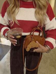 Atasan Sweater Wanita Kasual Musim Gugur/Dingin Motif Garis-garis Putih & Merah dengan Leher Bulat untuk Padu Padan Pakaian - Merah - View 4