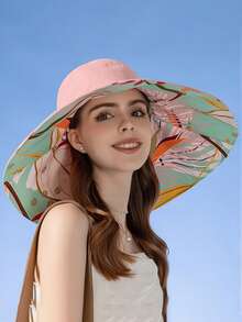 1pc Women's Wide Brim Bucket Hat With Floral Lining, Sun Protection Sun Hat - A - View 4