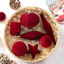 28Pcs Wine Christmas Ornaments Set Flocked Xmas Tree Decorations Assorted Shapes Shatterproof Hanging Ball Plush Star Candy Cane Gift Box Baubles Holiday Party Decor - Burgundy - View 2