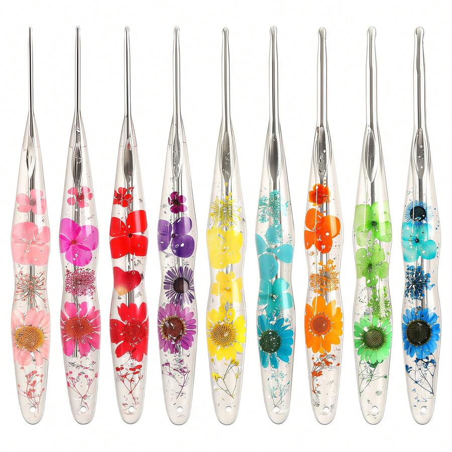 1pc Dried Flower Resin Transparent Crochet Hook, Exquisite Bubble Packaging, New Silver Needle Head, Comfortable Ergonomic Handmade Grip Design, Suitable For DIY Knitting Scarves, Sweaters And Other Handmade Projects - Crochet Needles - View 1
