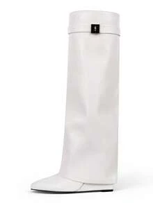 Women's Fold Over Shark Boots Pointy Pull-On Wide Calf Boots Shark Padlock Nightclub Elegant Luxury Fashion WInter Fall Shoes - 白色 - 查看 8